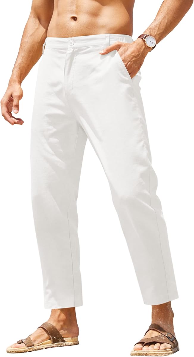 COOFANDY Men's Cotton Linen Pants Elastic Waist Lightweight Casual Pants Relaxed Fit Yoga Beach Pants with Pockets at Amazon Men’s Clothing store