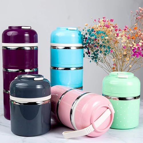 Miniatura 6 de Tiffin - Lonchera de acero inoxidable con aislamiento de 3 capas para transporte de alimentos calientes contenedor de acero térmico apilable a