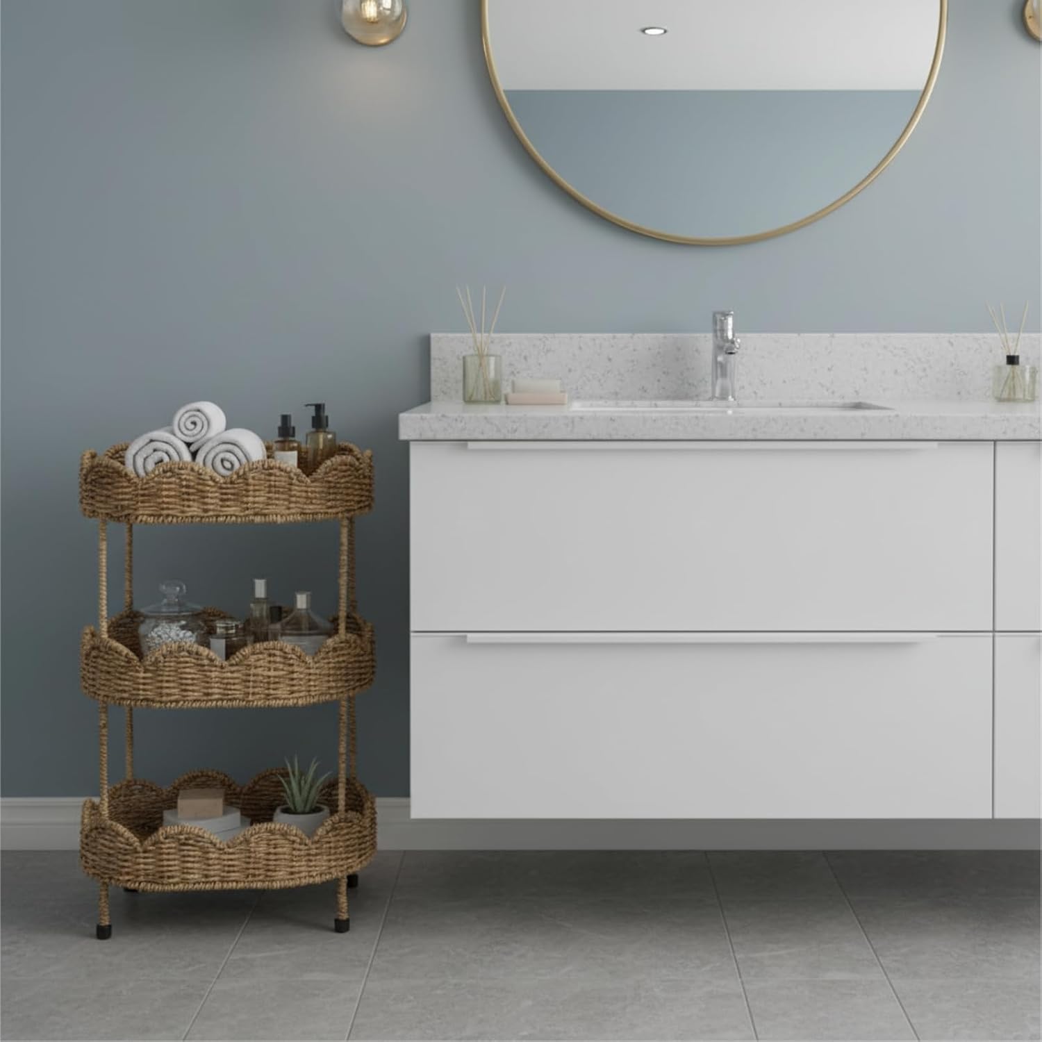 3 Tier Floor Stand Scalloped Basket Stand 3 Tier Oval Seagrass Scalloped Storage Basket Floor Rack with Market Baskets Hand Woven Laundry Rack for Bathroom Kitchen Laundry Living Room Storage