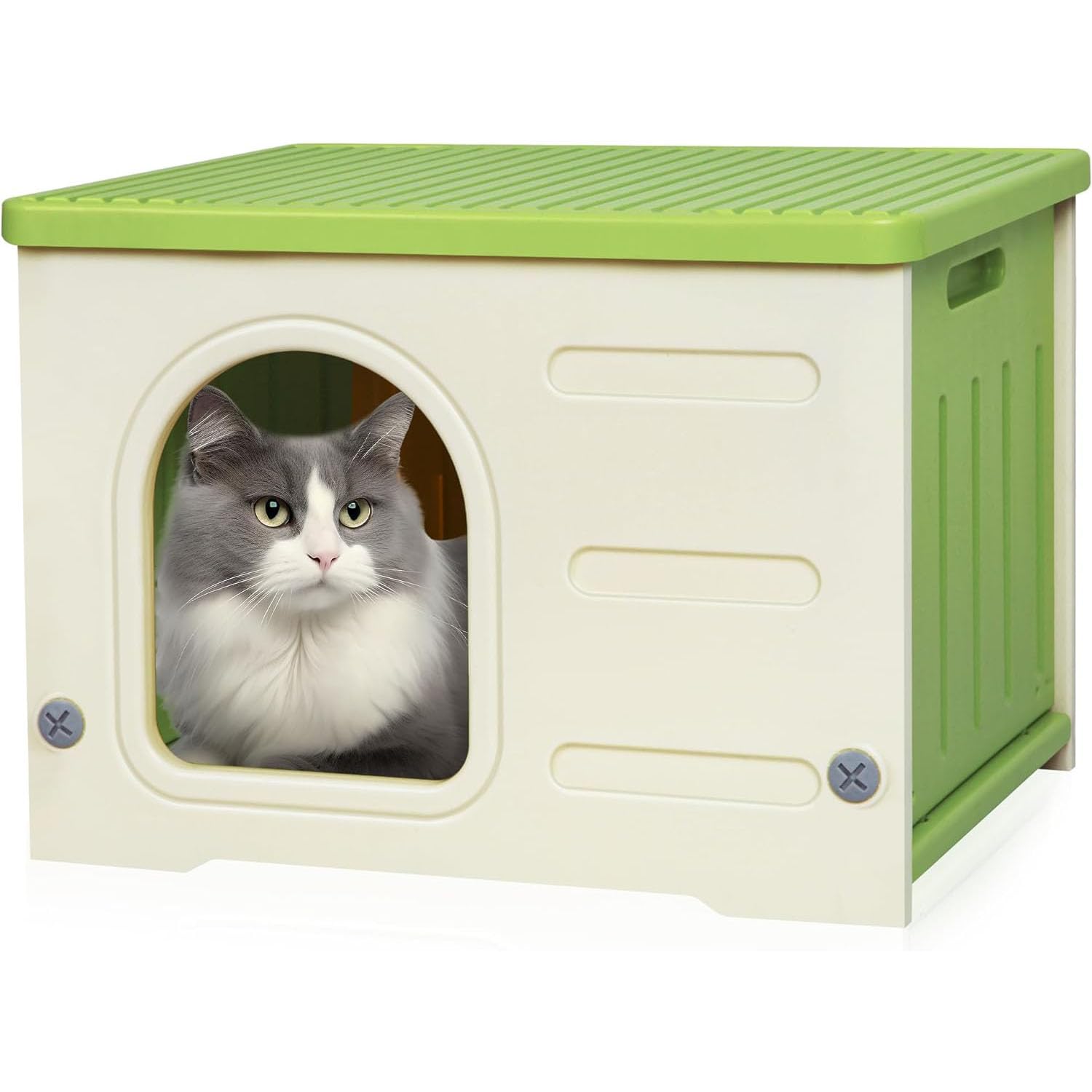 UnifaceCat House Outdoor Indoor - Plastic Shelter, Bed Cave, Stackable Feral Waterproof Flat Roof Tiny Villa - Sturdy Small Animal House for Cats, Rabbits, Chicken