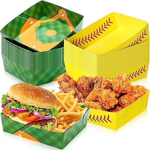 Image of Teling 36 Pcs Large Baseball Plates Party Trays 5 Lb Food Boat,Yellow | Paper Plates with Baseball Designs, Holds Nachos Burgers Fries, For Softball Birthday Party Supplies, Serving Snack Boats