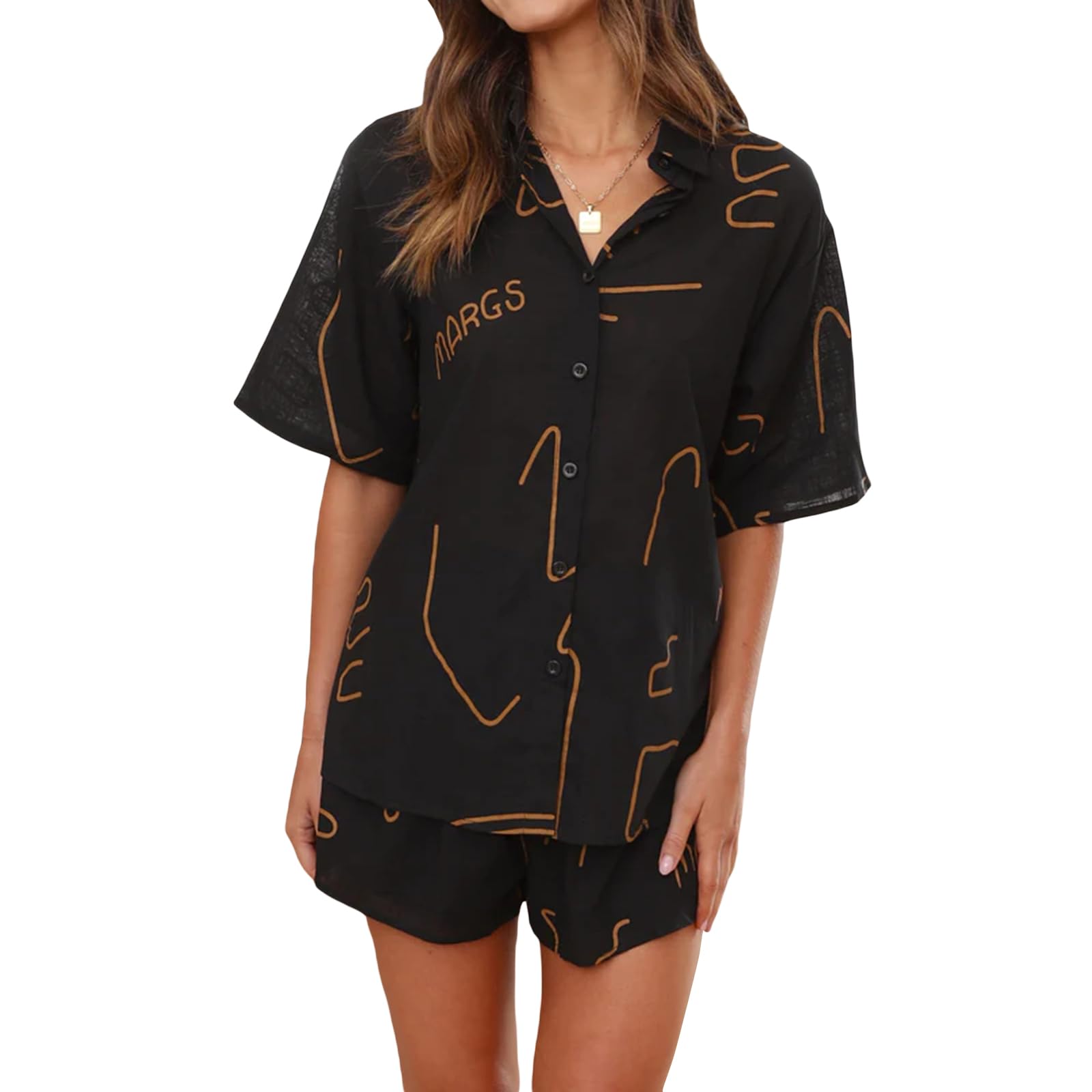Women's Oversized 2 Piece Outfits Fashion Printed Short Sleeve Button Down Shirt Shorts Co Ord Set Summer Streetwear Beachwear (V-Black Yellow, XL)