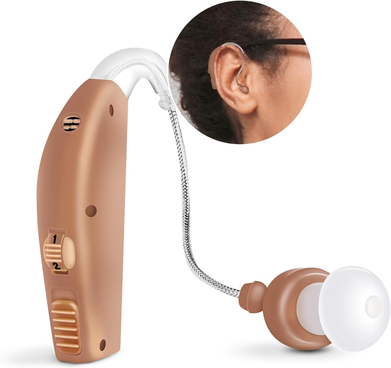 MSA 30X Behind the Ear Sound Amplifier, Amplifies Sound by 30 Times, Lightweight, Virtually Invisible, Comfortable, Adjustable Volume, Fast Charging, Medium Brown, 1ct