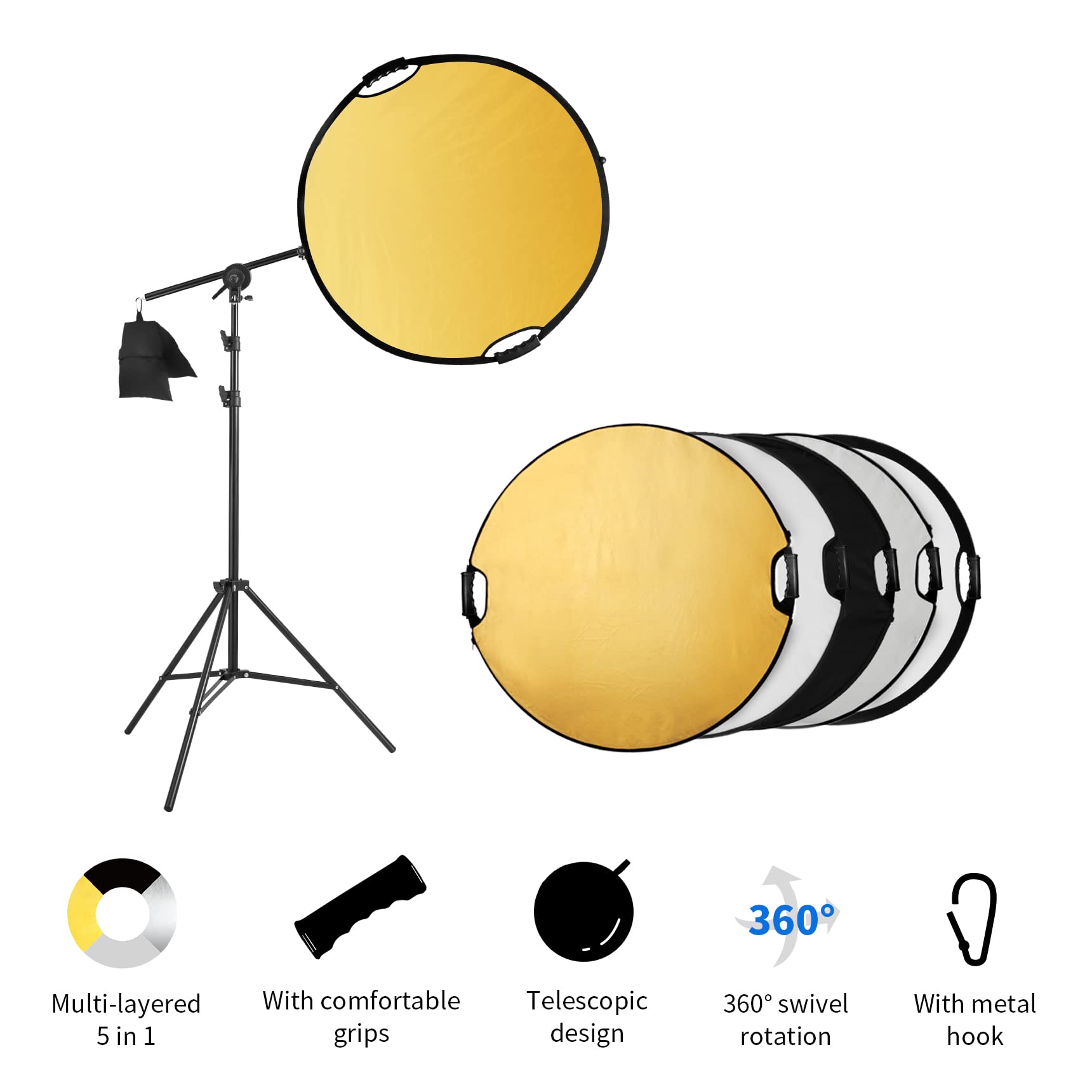 Selens 5 w 1 reflektor fotograficzny, okrągły, składany reflektor o długości 80 cm + stojak na światło 200 cm + worek na piasek + wysuwany uchwyt, przenośny dyfuzor złoty/srebrny/biały/czarny i