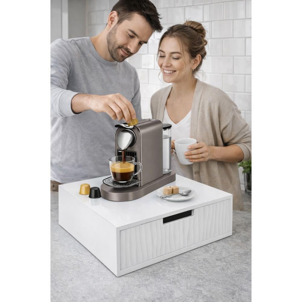 Porta Capsule e Cialde Caffè completamente in Legno Bambù Bianco 30x30x10 cm – Supporto Macchina Caffè Salvaspazio con 3 Scomparti