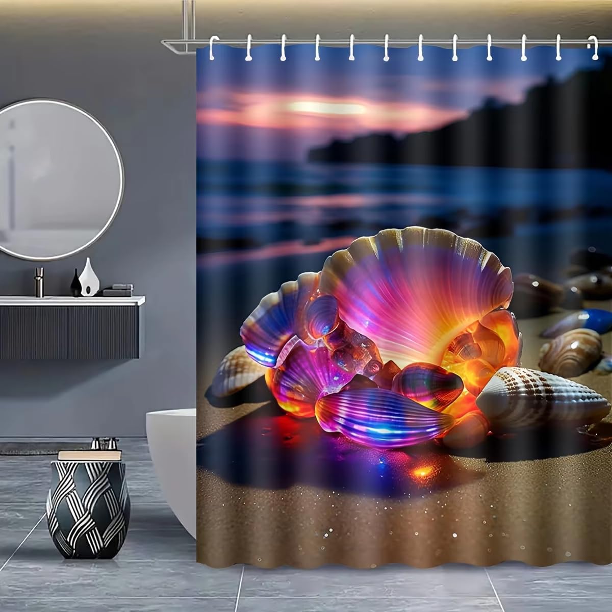 YEGRFJIS Colorful Glowing Seashell Shower Curtain 145x213cm(WxL) – Fantasy Sunset Beach Ocean Scenery Bathroom Curtain, Waterproof Polyester Fabric Shower Curtain and Bathroom Curtain for Home Decor