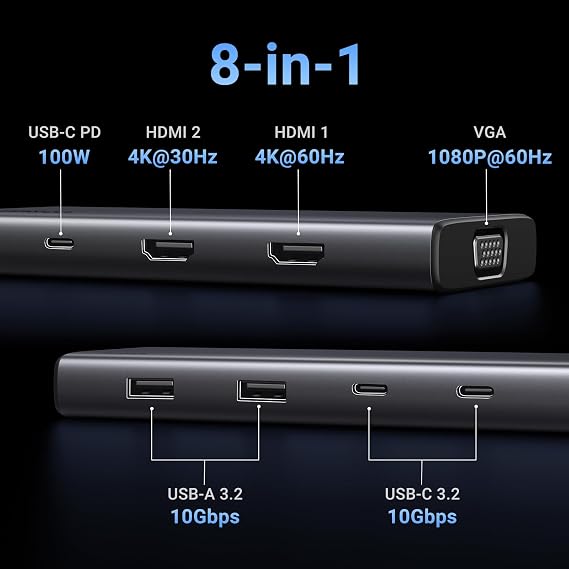 UGREEN Revodok Pro 308 Triple Screen Docking Station USB C Hub 2HDMI VGA(4K@60Hz max.), 10Gbps USB Ports (2*USB A, 2*USB C), PD 100W, Compatible with MacBook Air/Pro, XPS 15 etc.
