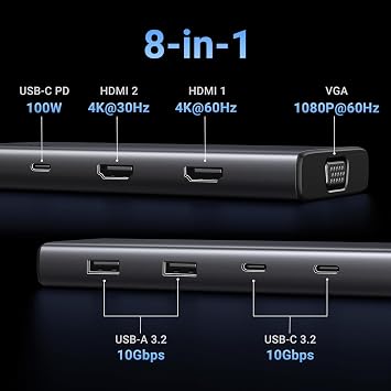 UGREEN Revodok Pro 308 Triple Screen Docking Station USB C Hub 2HDMI VGA(4K@60Hz max.), 10Gbps USB Ports (2*USB A, 2*USB C), PD 100W, Compatible with MacBook Air/Pro, XPS 15 etc.