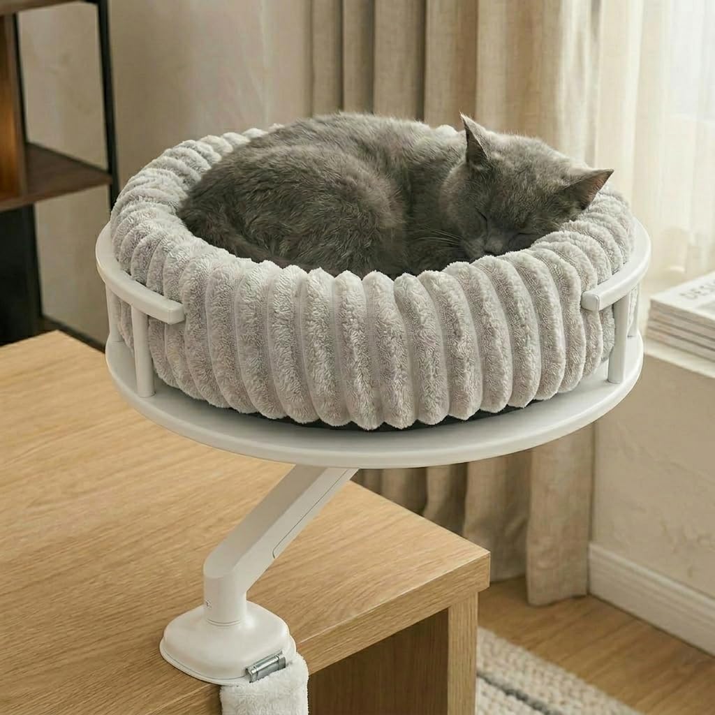 noviclass® Katzenbett LEVI | Katzenbett Schreibtisch | Katzenplattform | Für Tische und Fenstersims | Inkl. 2 Betten | Cord-Design Grau | Robust und modern (Weiß)