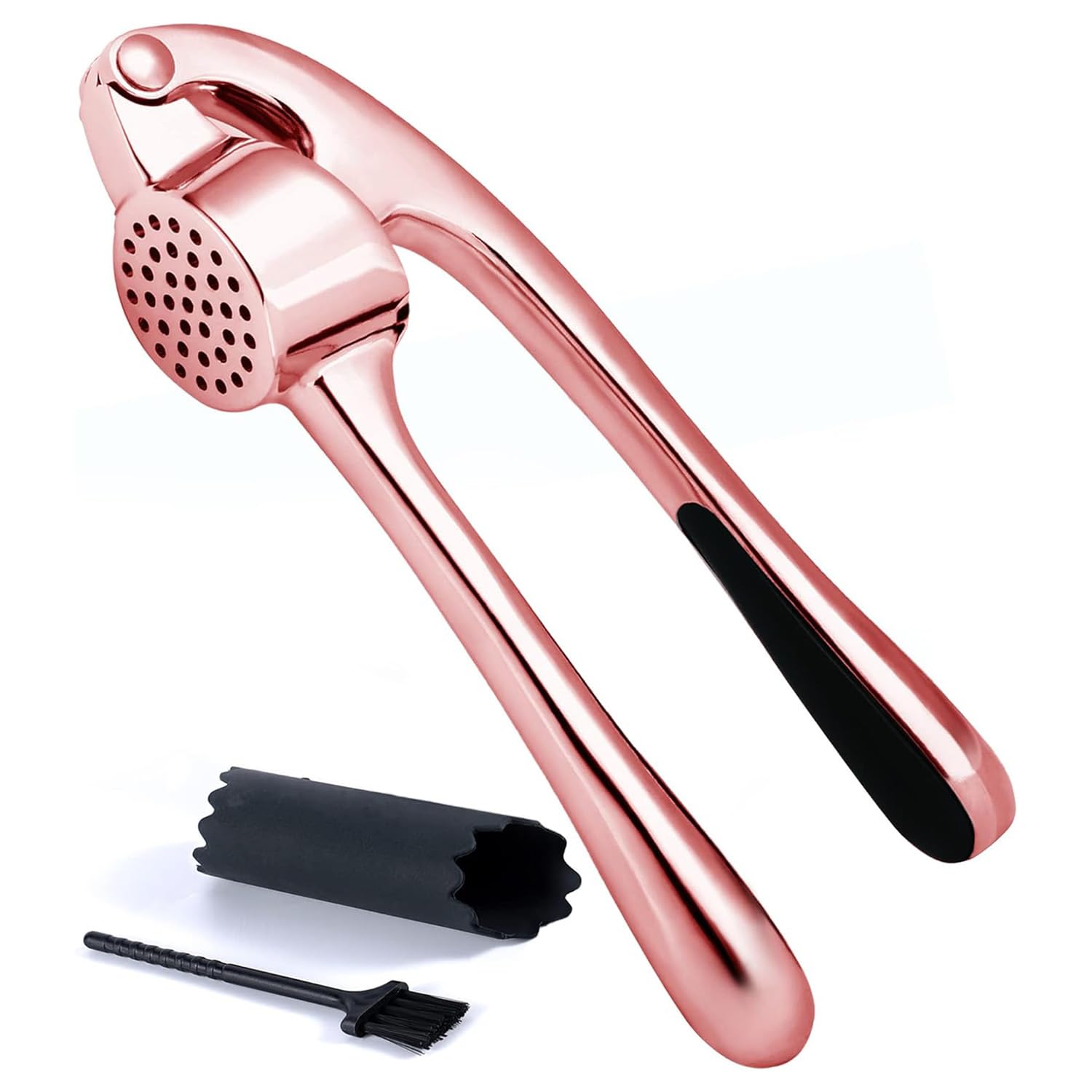 KITESSENSUHigh Effective Premium Garlic Press Set, With Silicone Garlic Peeler & Brush, Heavy Duty Garlic Mincer, Easy to Squeeze and Clean, Rust Proof & Dishwasher Safe - Rose Gold