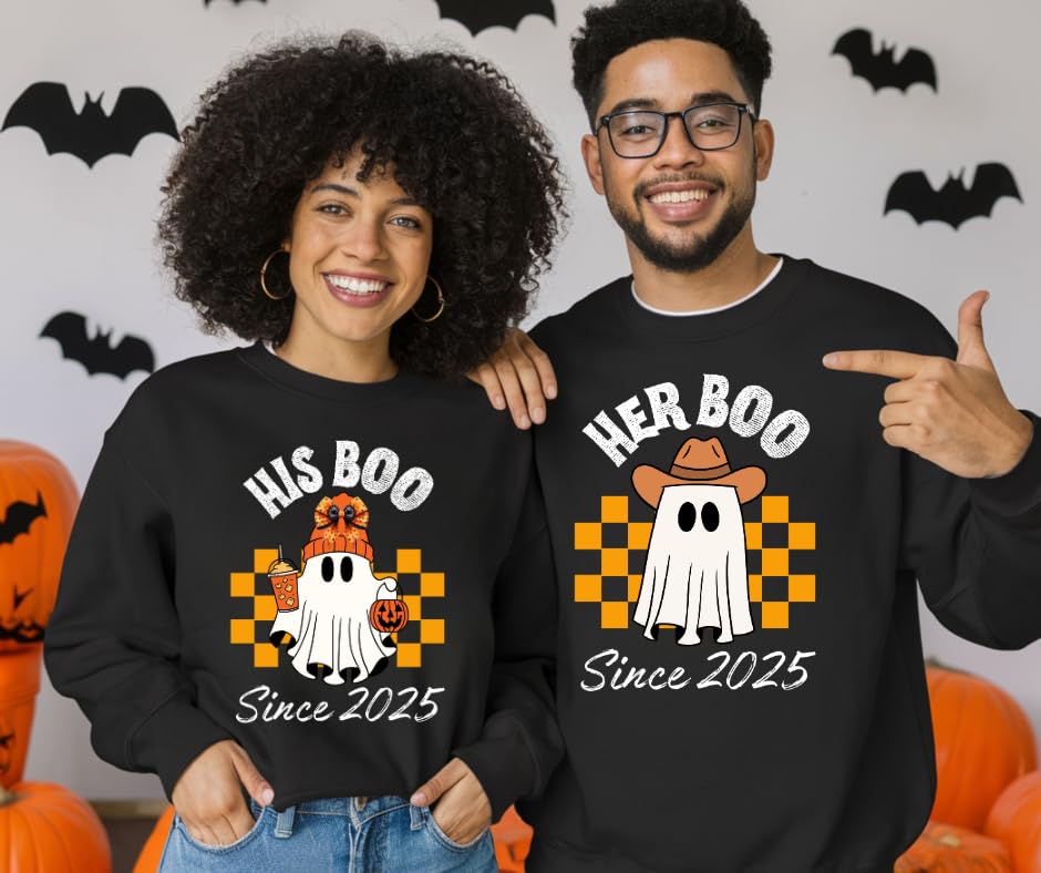 Her Boo & His Boo Couple Halloween Sweatshirts – Matching Spooky Pullover with Checkered Ghosts, Personalized Since Date Custom Sweaters for Couples White3