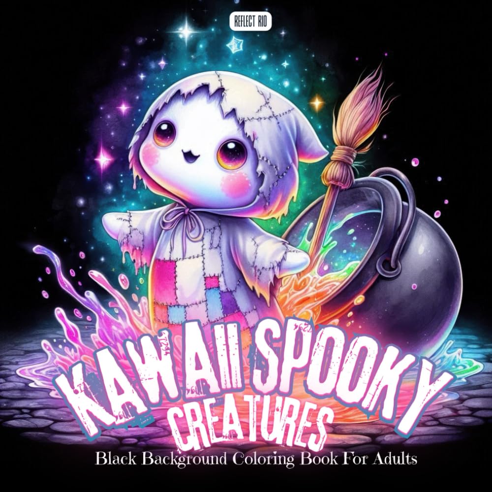 Kawaii Spooky Creatures Coloring Book: Adorable Halloween Monsters and Magical Cauldron Scenes – Black Background Coloring Pages for Adults and Teens ... Grayscale Coloring Book Series for Adults)