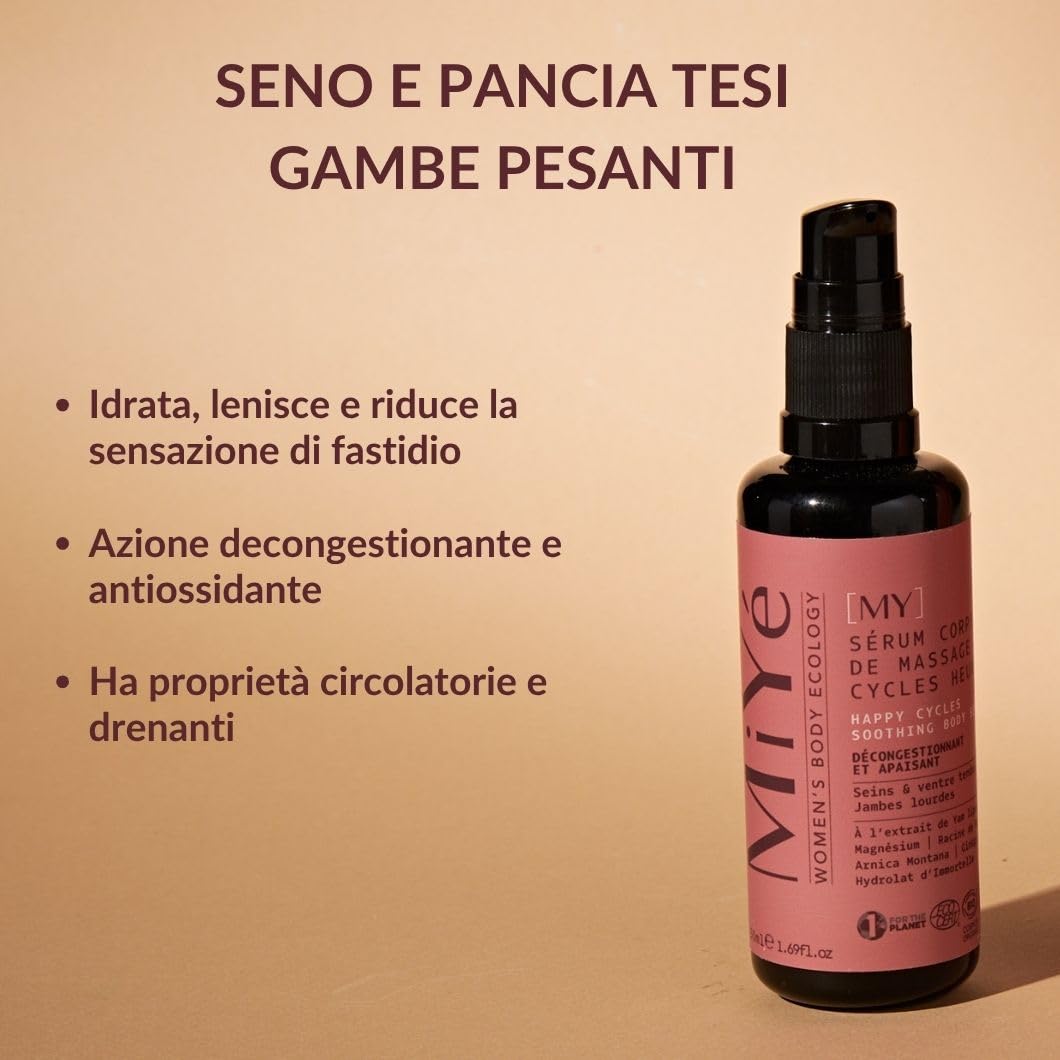 MiYe | Siero per seno teso, gambe pesanti + dolori mestruali | Menopausa, Sindrome Premestruale (SPM) | Arnica, magnesio, ginkgo biloba | Prodotto in Francia | 50 ml, 40 applicazioni