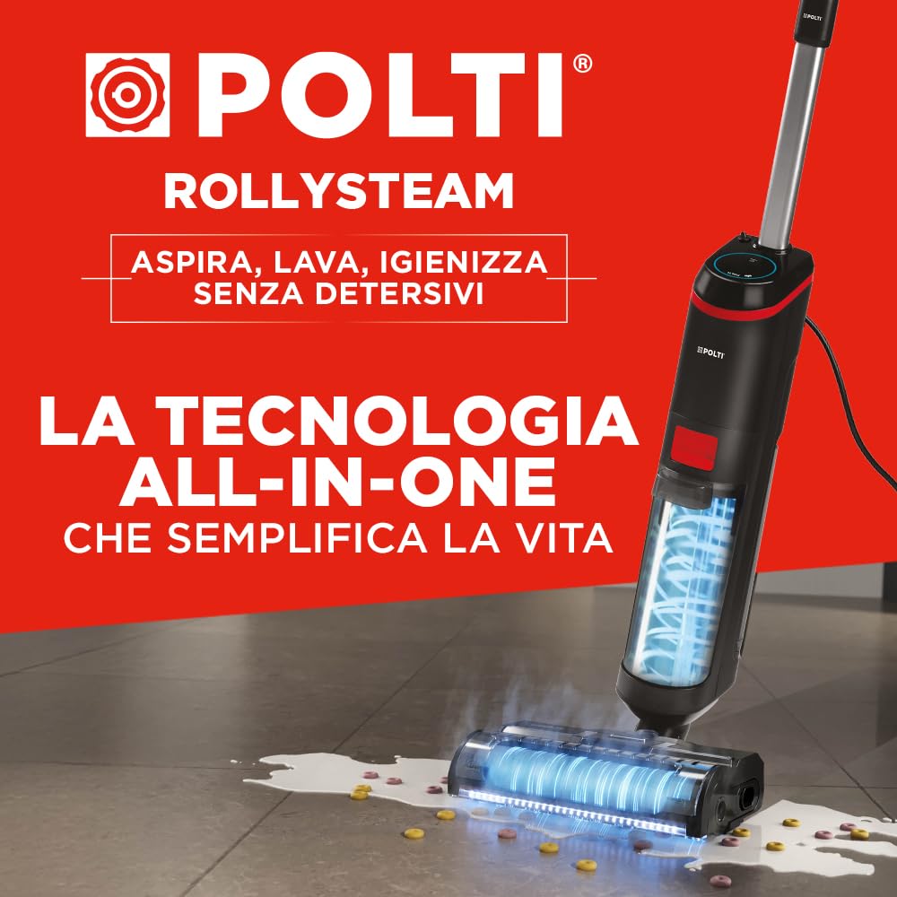 Polti Rollysteam WD20, Lavapavimenti con Funzione Vapore e Aspirapolvere, 750 W, Pulizia Completa in un solo Passaggio, Auto Pulizia, Nero