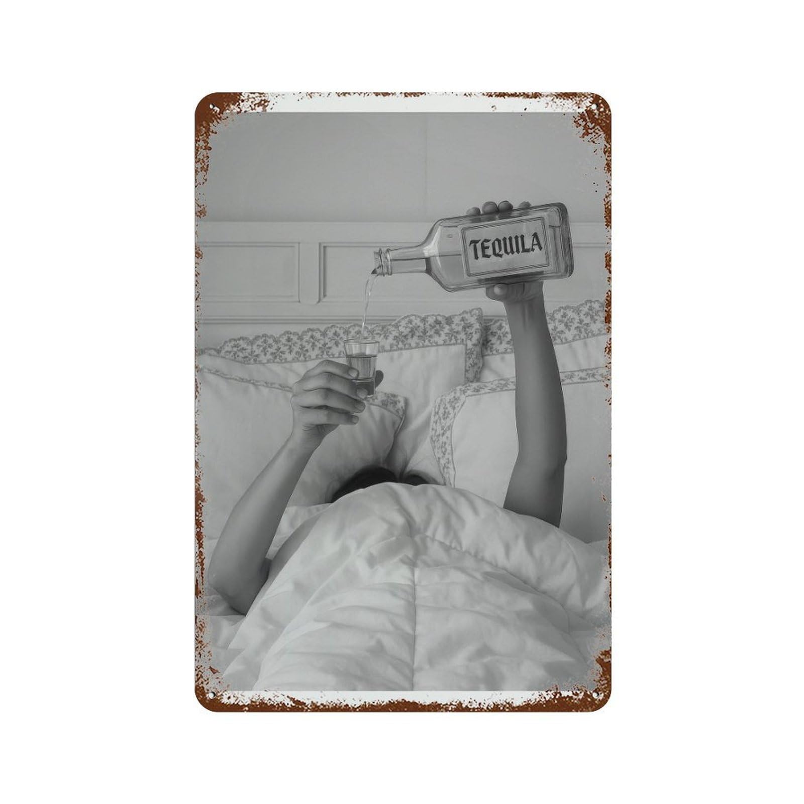xiaoxiaoshen Funny Tequila Bar C Woman in Bed, Black And White Wall Decor Art Metal Tin Poster Modern Home Decor Art Home Bar Shop Decorations Vintage Sign 30x20cm