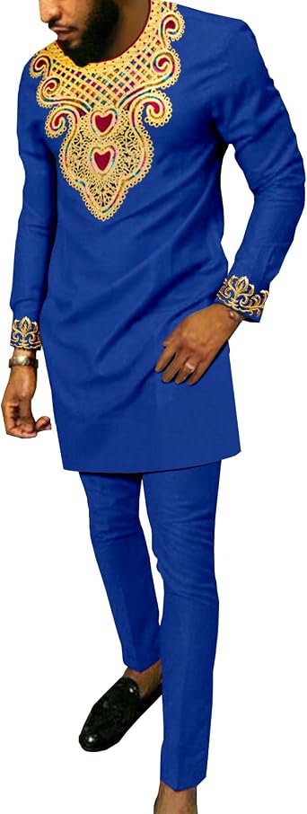 African Suits for Men Embroidery Shirts and Pants 2 Piece Set Dashiki Outfits Tribal Kaftan for Wedding