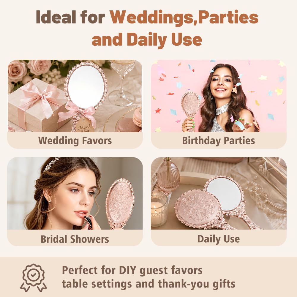 Adkoat® 24-Sets Vintage Handheld Mirror with Handle - Portable Embossed Flower Princess Mirror with Thank You Tags - Pink Compact Hand Travel Mirror with Ribbon for Wedding Princess Party Favors