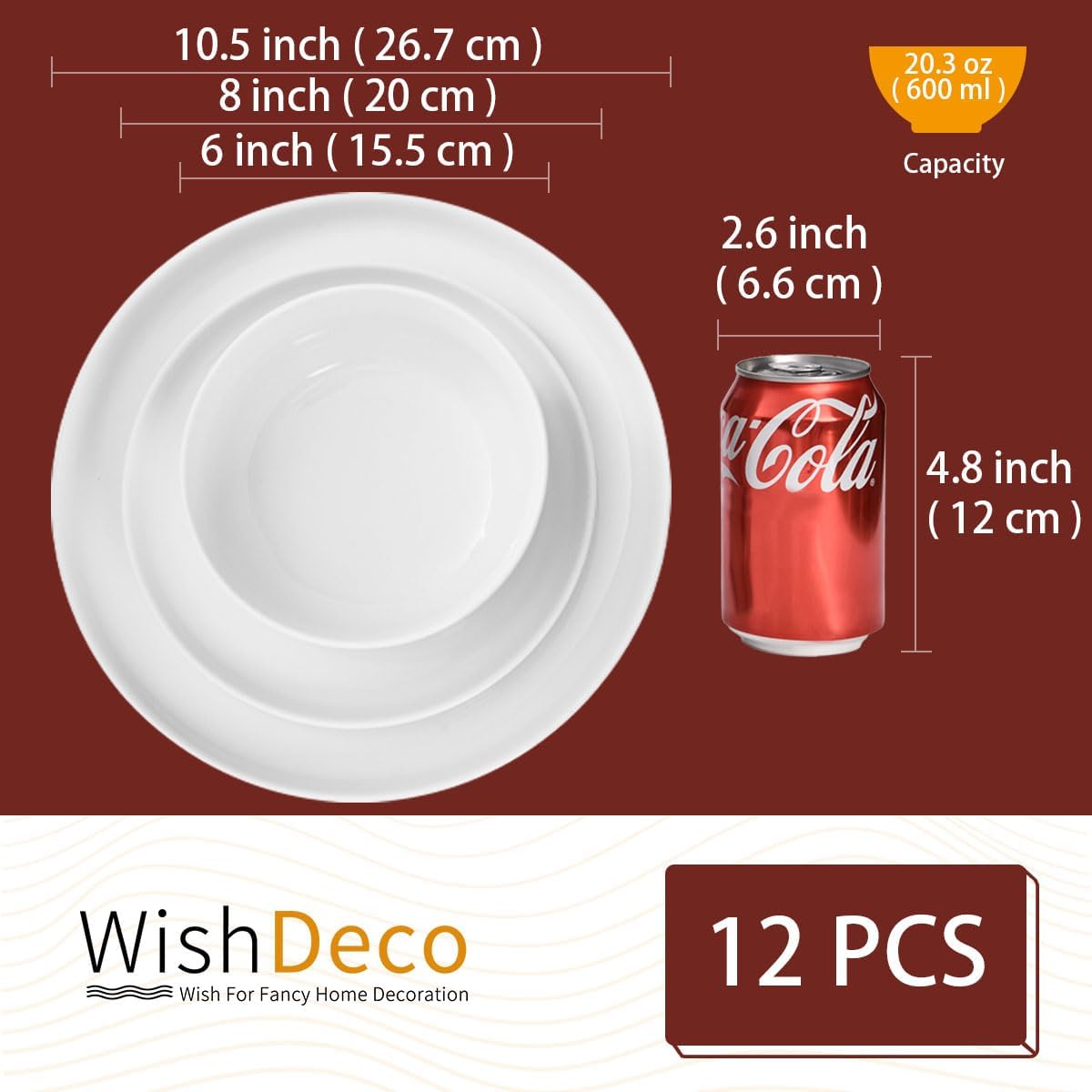 Plates and Bowls Sets, 12 Pieces Dinnerware Sets, Ceramic Dishes Set for 4, White Kitchen Dishware Set, Microwave and Dishwasher Safe