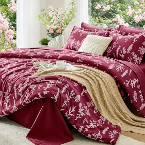 Image of MUXHOMO Burgundy Full Comforter Set, Elegant Floral Print Bed in a Bag 7 Pieces, Ultra Soft & Breathable Reversible Botanical Pattern Bedding Set with Comforter, Sheets, Pillowcases, and Shams