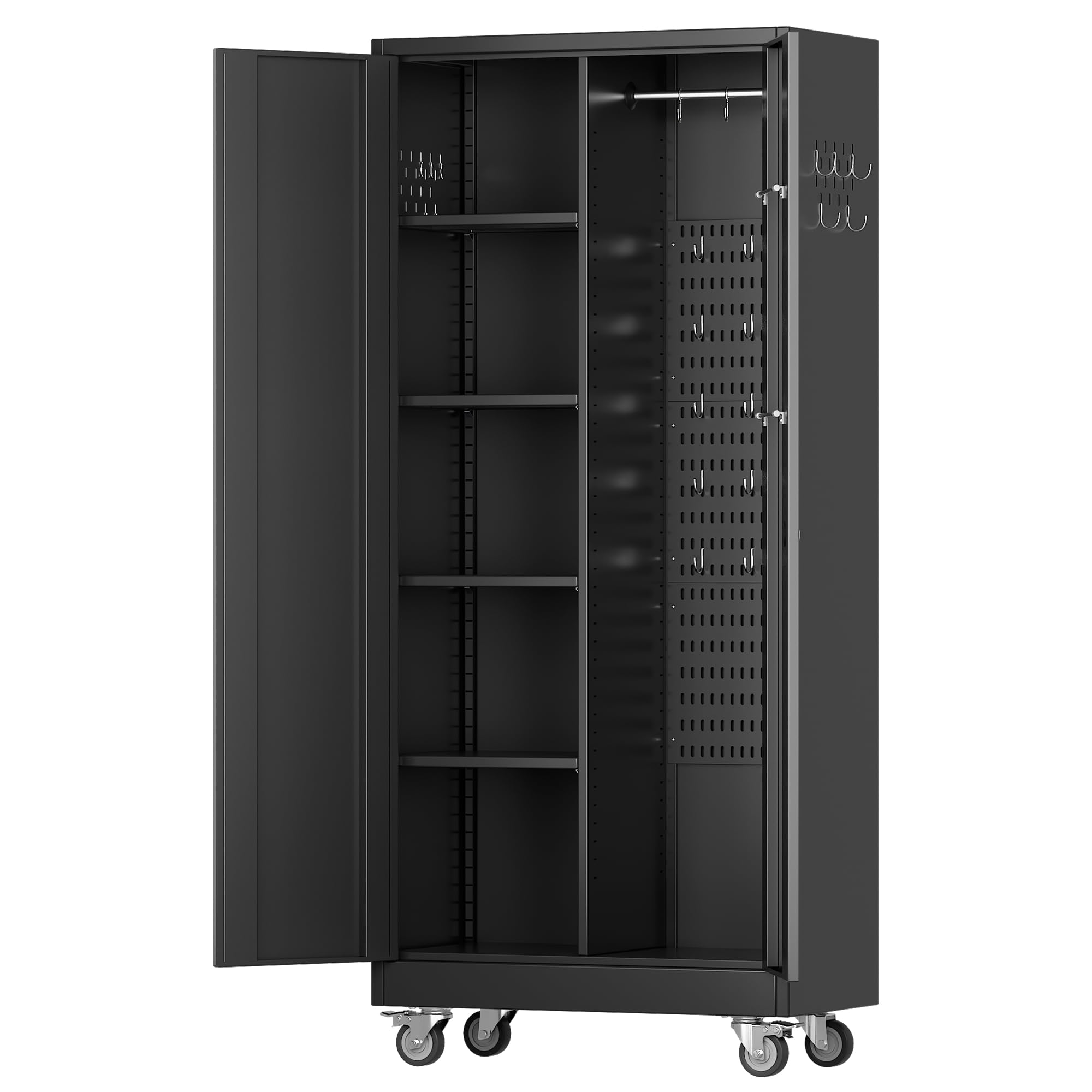 Garage Storage Cabinet with Wheels, Metal Storage Cabinet with Lockable Doors and 4 Adjustable Shelves, Metal Locker with Pegboards for Garages, Offices, Gyms and Pantries, Black