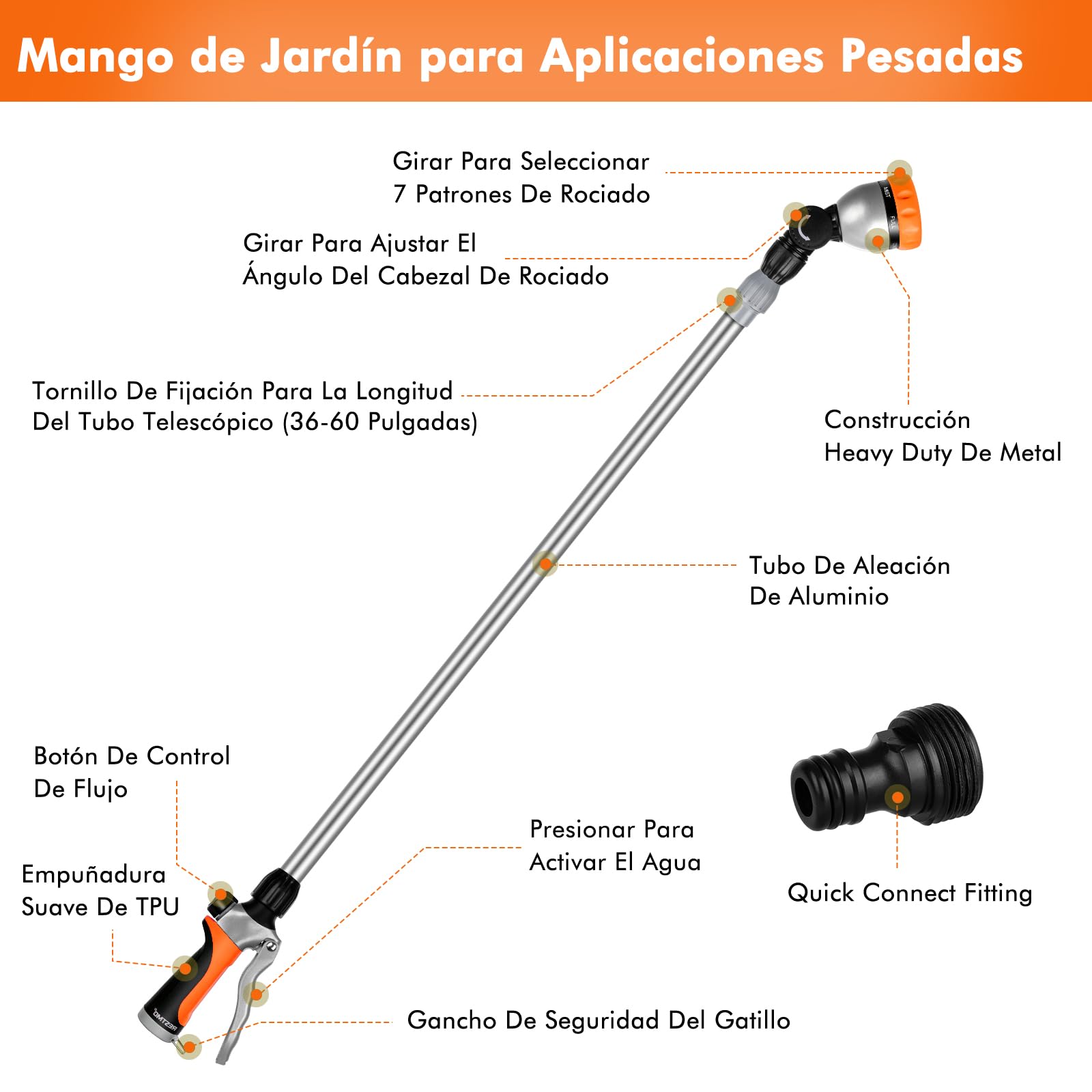 RESTMO Lanza de Riego Telescópica 92-152 cm de Metal, Largo Pistola de Riego para Jardín con Cabeza Giratoria 180°, 7 Modos de Pulverización Ajustable, para Macetas Colgantes y Arbustos, Naranja