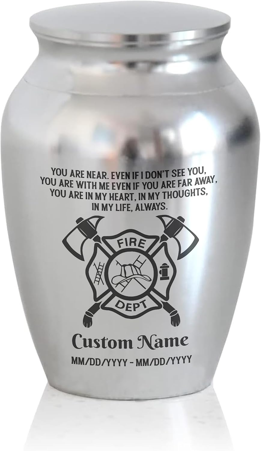 Artsy Woodsy Personalized Fireman Mini Urns Stainless Steel, Decorative Keepsake Urns with Fire Fighter Design 2.56 inch, Funeral Memorial Urns for Adult Male Female Human Ashes (Silver, 2.56, 02)
