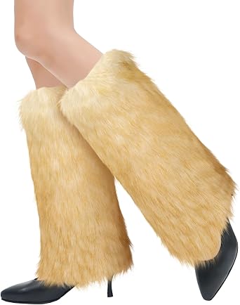 XEPST Faux Fur Fuzzy Leg Warmers Furry Boot Covers for Women, Womens Fur Leg Warmers Warm Fuzzy Boot Cuff Boot Sleeves for Party Costumes, Tie Dye Style, White + Gold