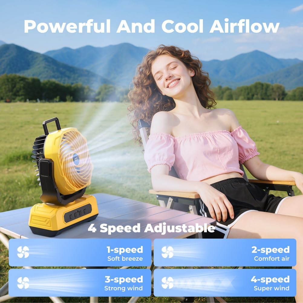 30000mAh Portable Camping Fan with RGB Lantern, Rechargeable Battery Powered Oscillating 4 Wind Speeds LED Display, Remote Control Timer Tent Beach Cordless USB Fans for Travel Home Outdoor, Yellow - Image 4