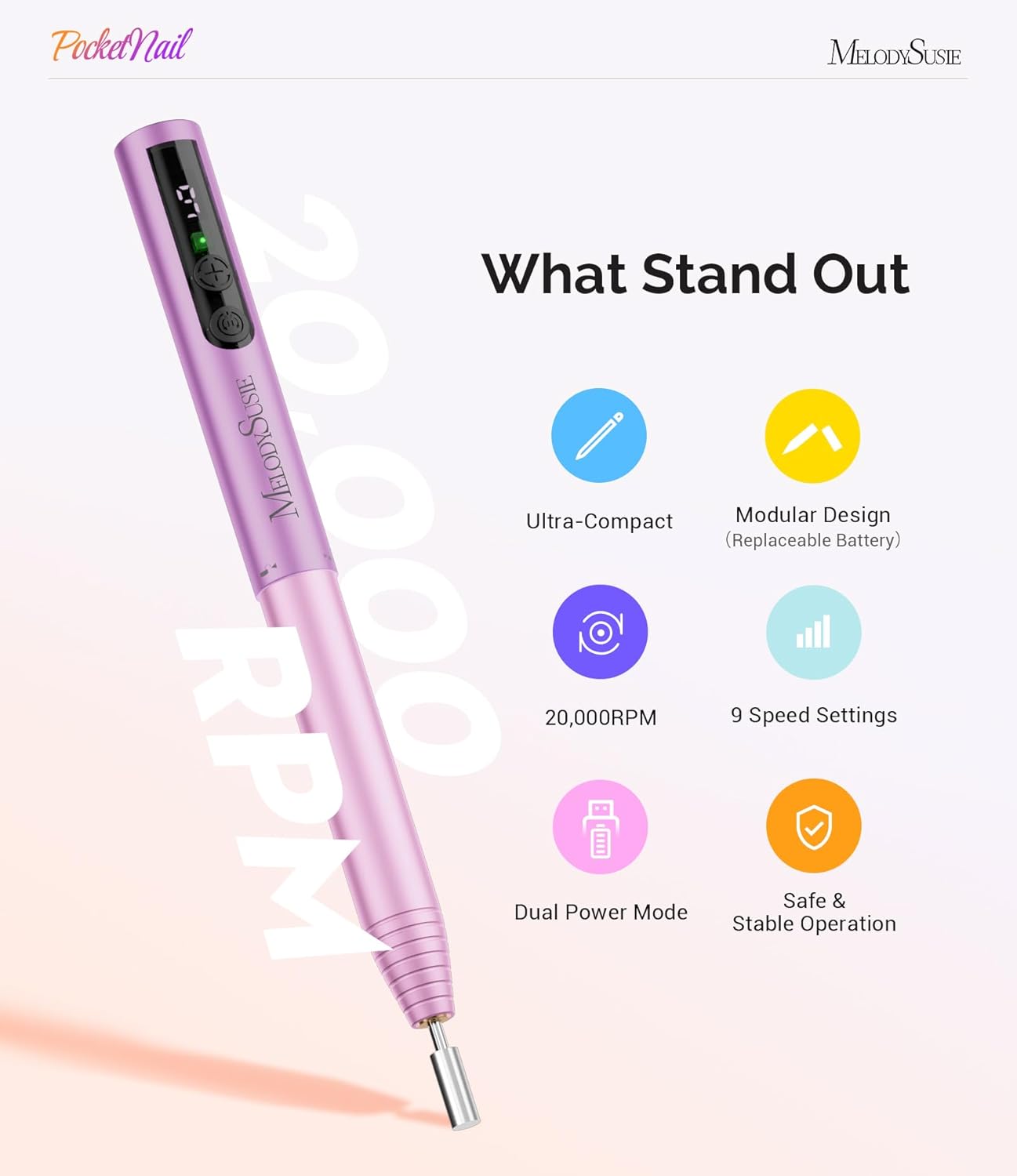 MelodySusie PocketNail Pen-Shaped Cordless Modular Nail Drill, Extended Kit, PC100GR 20000RPM Slim Portable Rechargeable Electric File for Nail Care & Gel Removal at Home for Beginners, Grape Ice