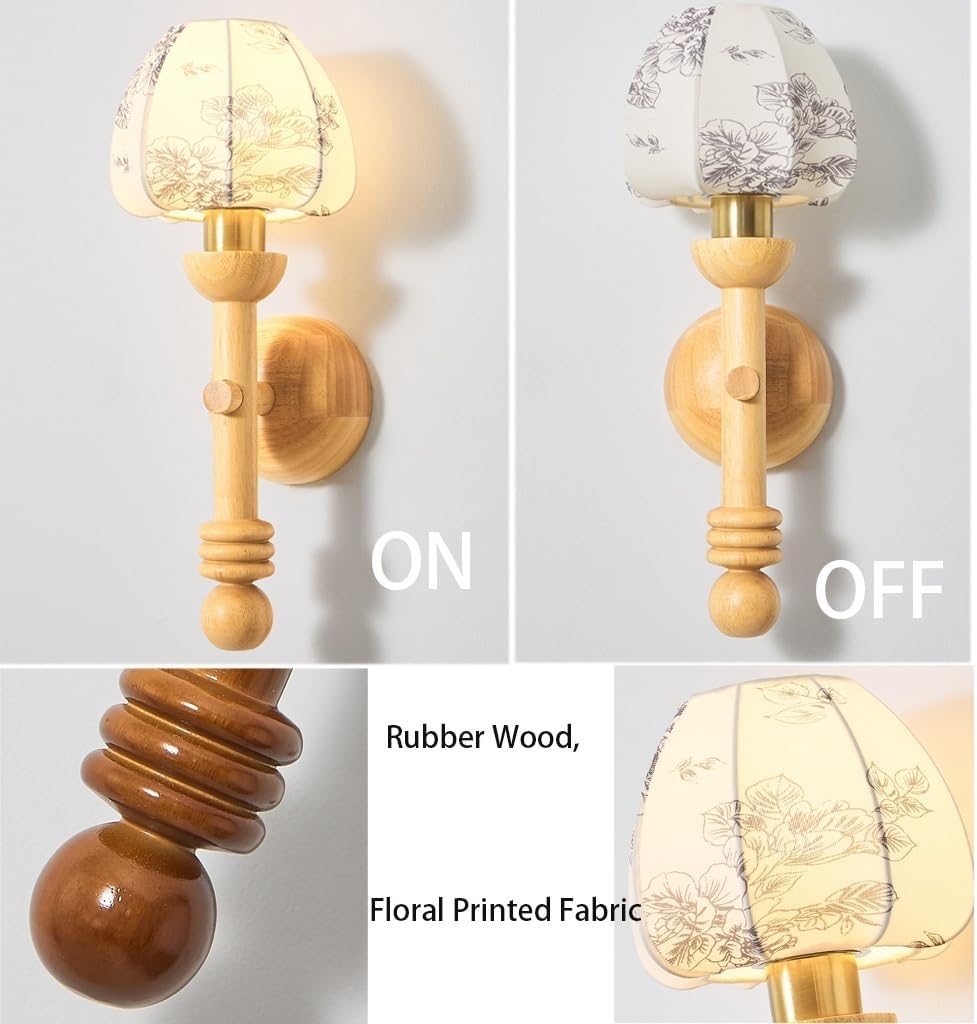 Wall Sconce, Rubber Wood Wall Lamp, Floral Fabric Wall Light for Bedroom, Bedside, Living Room, Hallway, Entryway, French Vintage Fixture, Apartment Loft Home, Corridor Nook Loft Parlor(Brown)