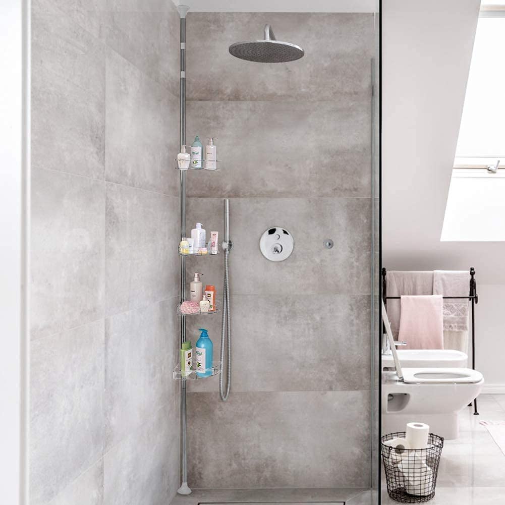 Cocoarm Teleskop-Duschregal, 4 Etagen, verstellbares Eckregal, Badezimmer-Teleskop-Duschregal, Organizer, Wandregal, Aufbewahrung, Seifenhalter, h?henverstellbar, 190–310 cm, Silber