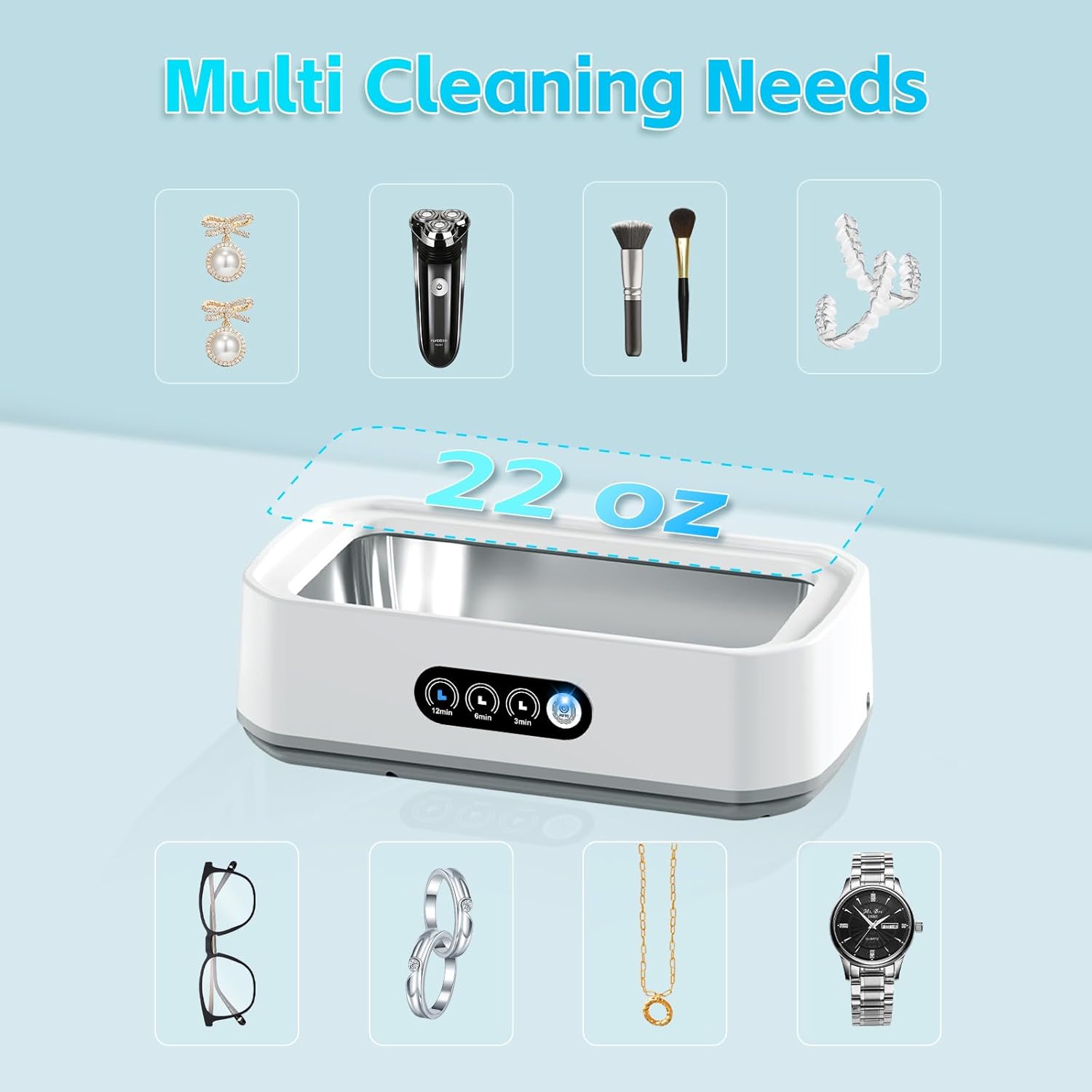 Ultrasonic Jewelry Cleaner, 50kHz Professional Portable Jewelry Cleaner Ultrasonic Machine with 3 Timer Modes, 22 oz Ultrasonic Cleaner for Eyeglasses,Rings,Watch Straps,304 Stainless Steel Water Tank