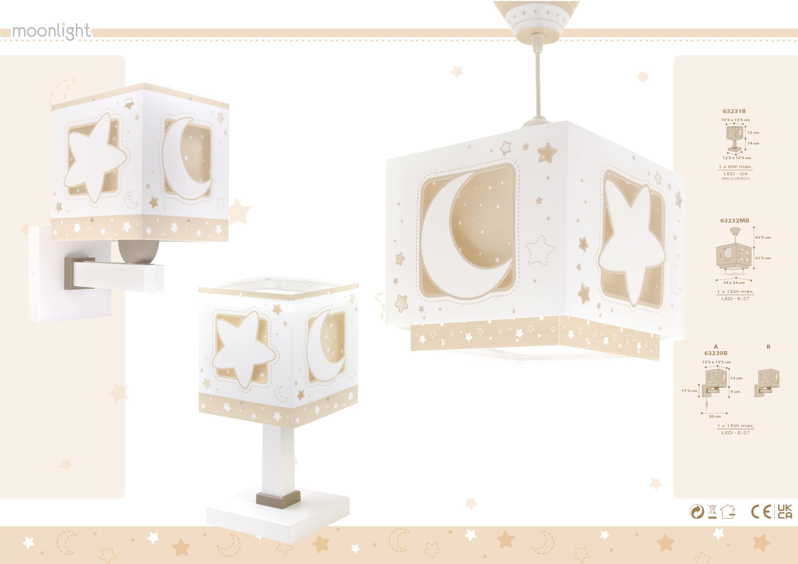 Dalber Lámpara Techo Colgante Infantil Luna y Estrellas Beige 63232MB E27 | Incluye difusor de luz inferior extraible; Habitación niños; lámparas infantiles; Moonlight