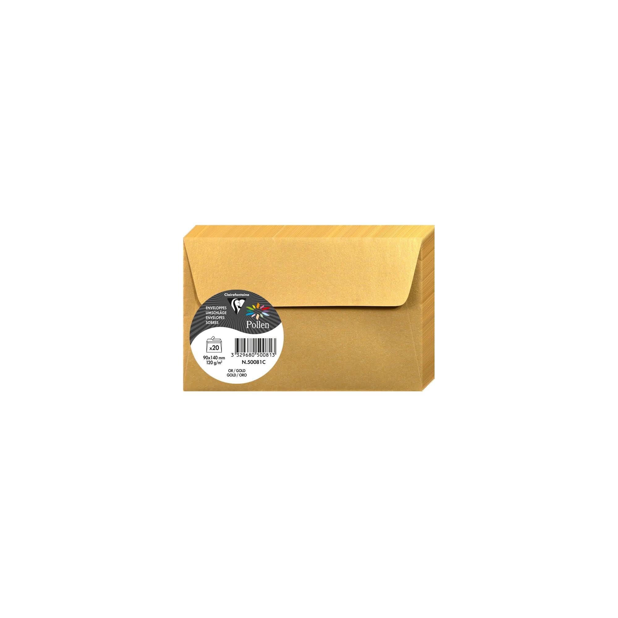 Clairefontaine 50081C Gold iridescent Paper Pack of 20 Self-Adhesive Envelopes 9x14cm 120gsm Invitation Events Correspondence Pollen Range Premium Smooth