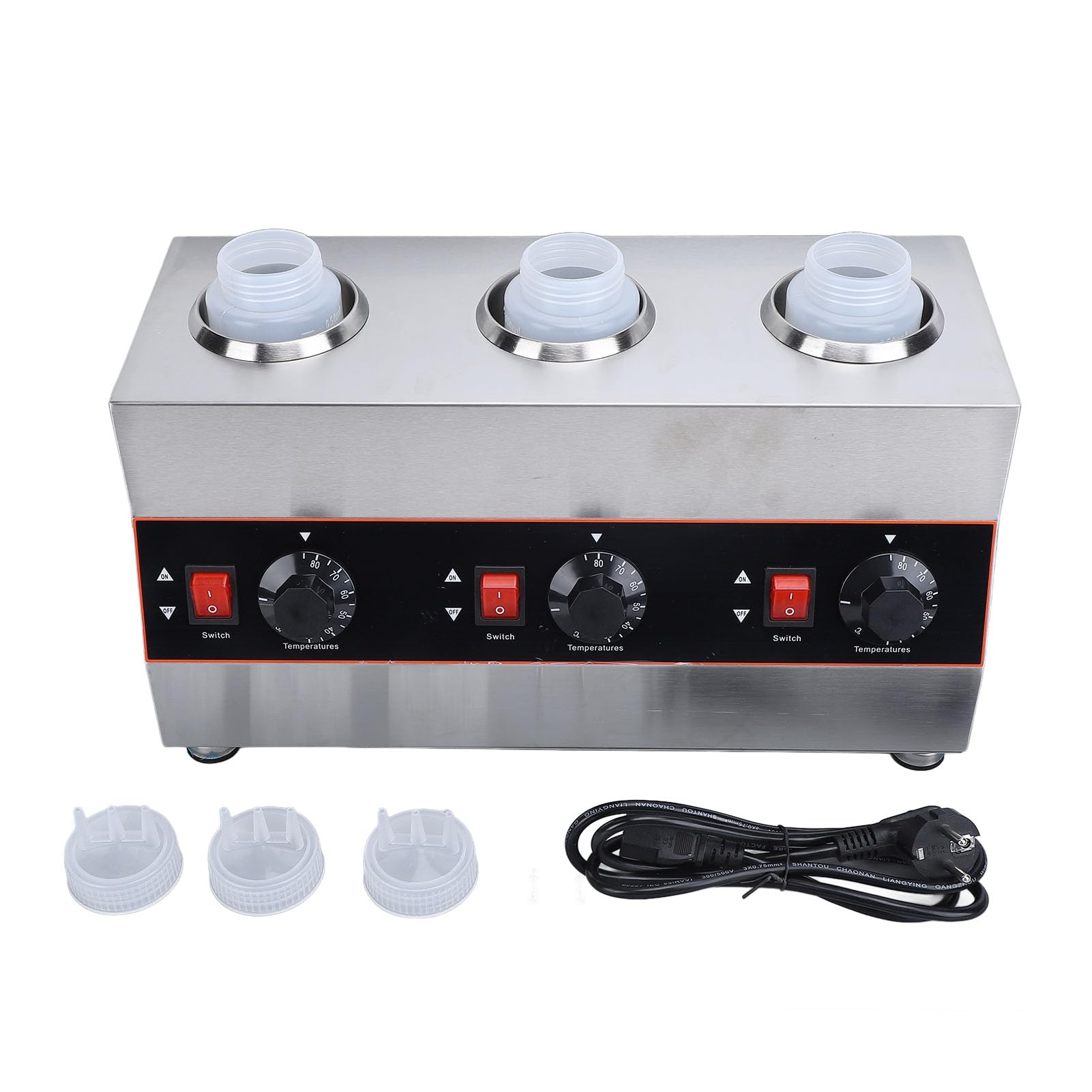 Fdit Calentador de Queso para Eléctrico 480W 3 Botellas 650ml con Temperatura Ajustable 86-185F y Acero Inoxidable 304 para Nacho Cheese Hot Fudge Caramel (Enchufe europeo 220V)