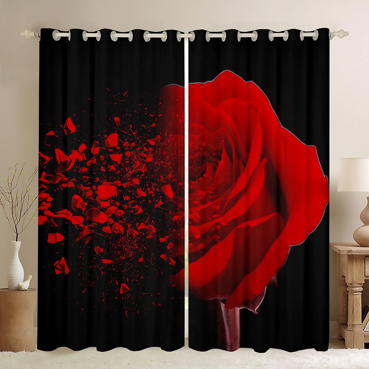 Homemissing Red Window Curtains for Bedroom Living Room Red Rose Curtains for Kids Boys Girls Floral Flower Window Drapes Red Black Blackout Curtains, W46*L54,2 Panels