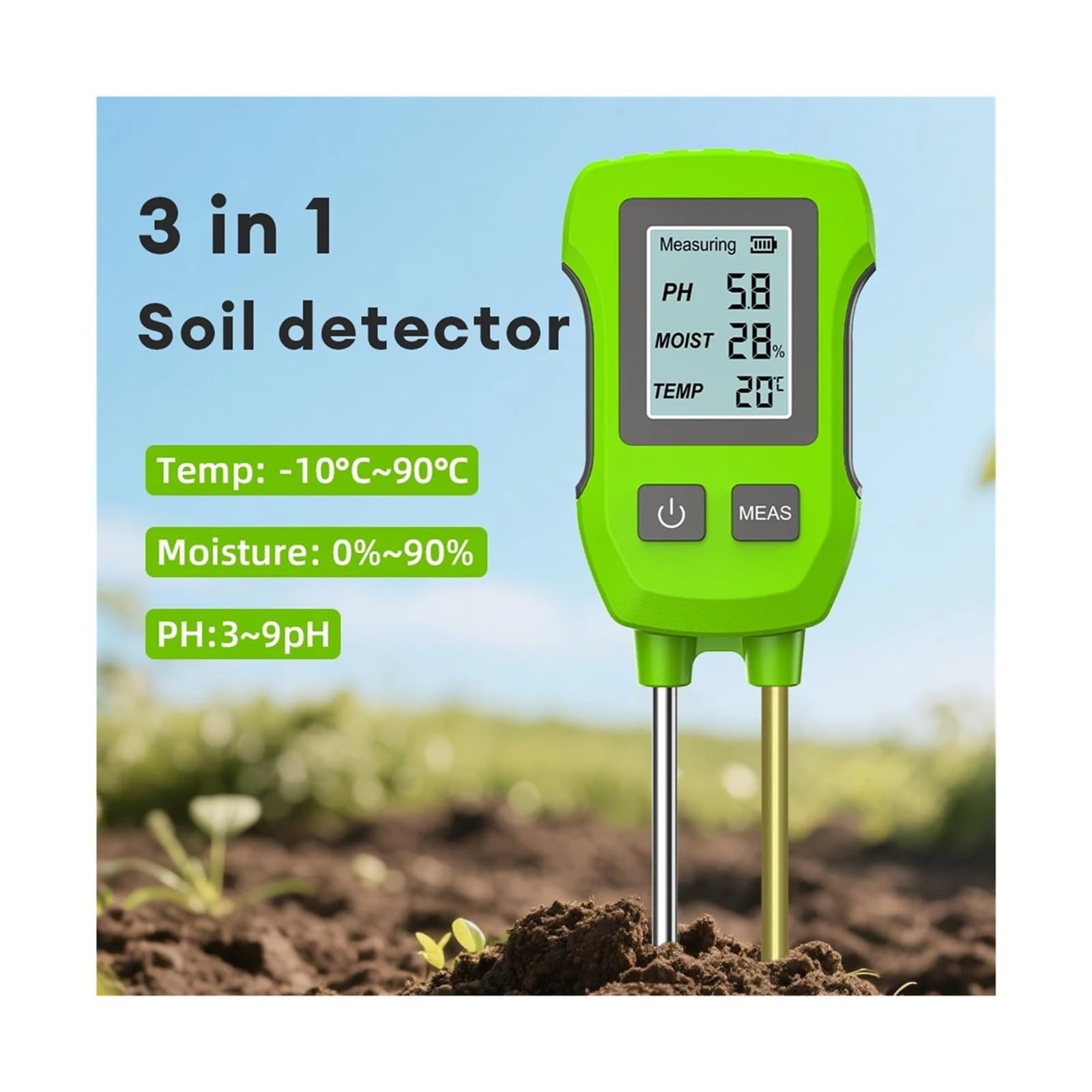 Medidor de pH 3 en 1, detector de humedad y temperatura de alta precisión para plantas, herramienta de prueba de suelo manual para cuidado de jardines y flores