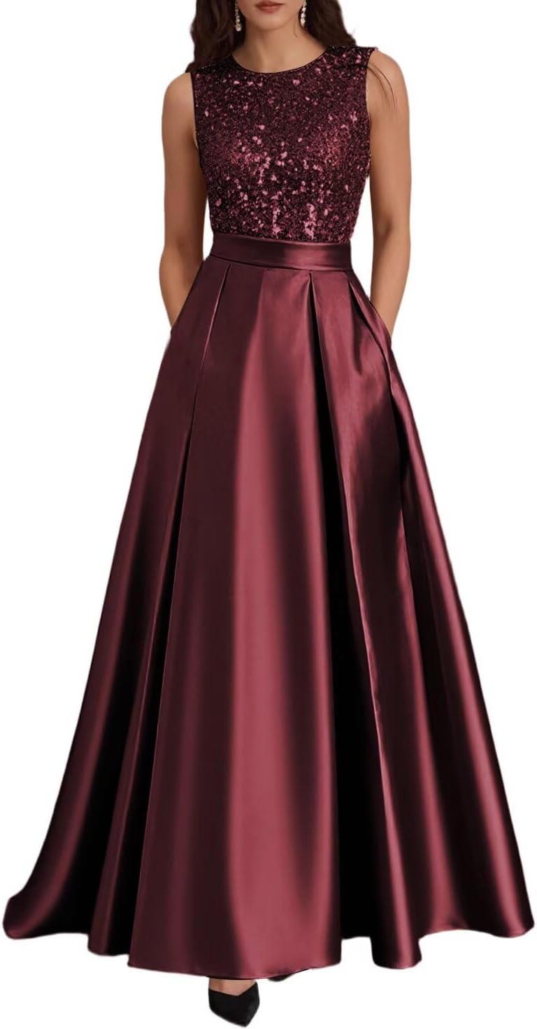 Long Satin Mother of The Bride Dress Scoop Neck Sequin Prom Party Dresses Sleeveless Ball Gown DD-DD051