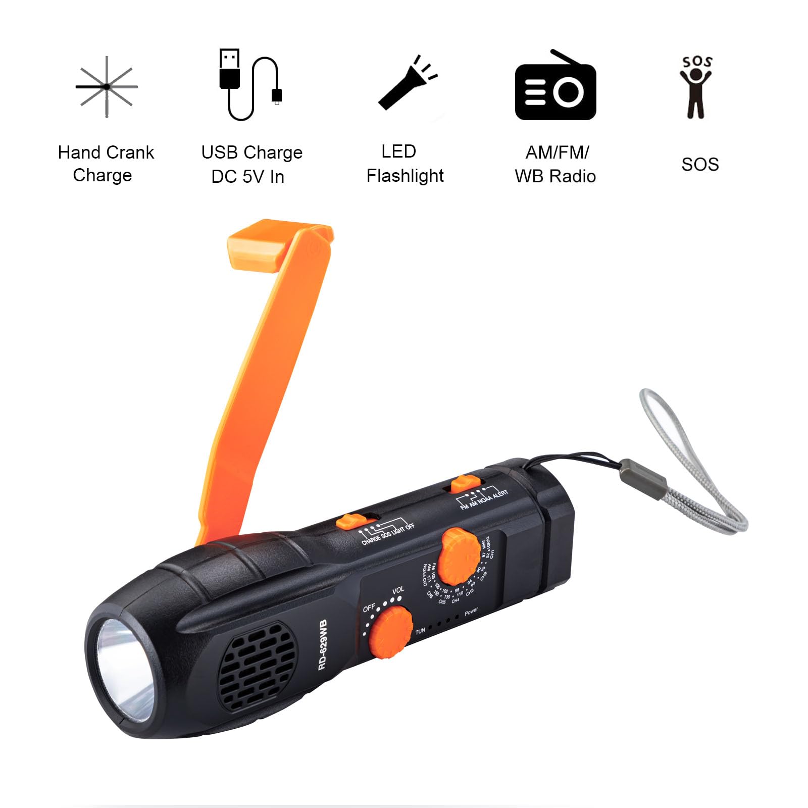 Radio d'urgence à manivelle, lampes de poche pour les urgences avec chargeur de téléphone portable, radio météo AM/FM/NOAA alerte météo et lampe de poche de survie SOS alarme