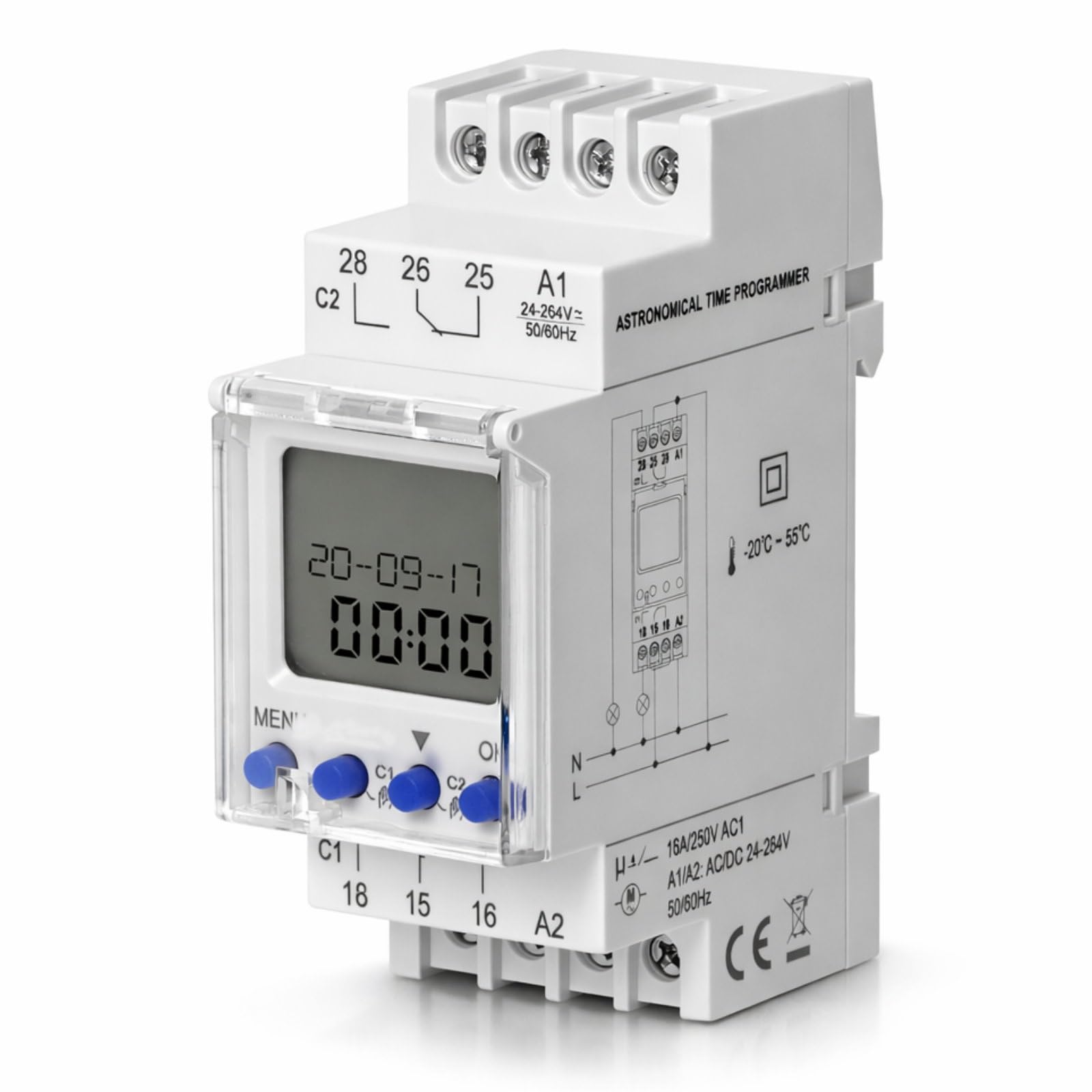 Astronomical LCD Digital Timer, DIN Rail, TH-35, 2-Channel, 100 Programmes, 24 V / 230 V