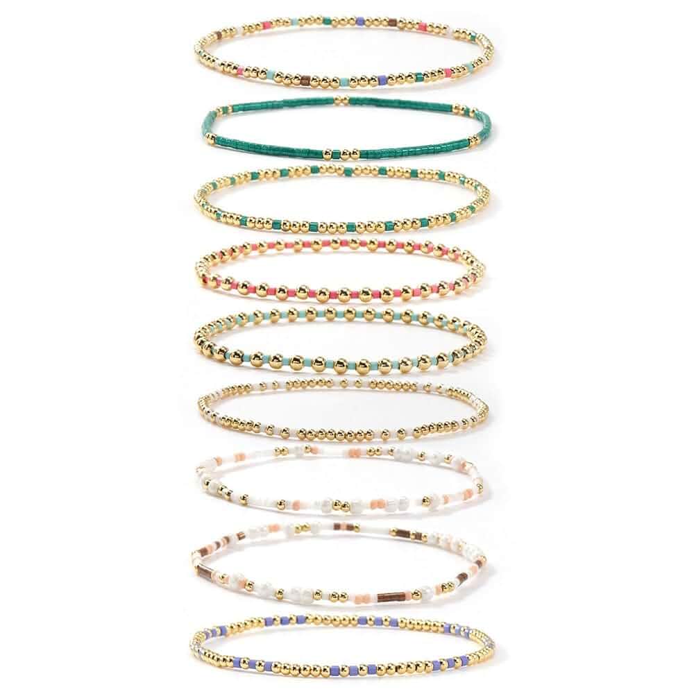 Colorful Stackable Rice Small Mini Seed Beaded Bracelets Set For Women, Handmade Dainty Boho Gold Glass Stretch Accessories Jewelry,Summer Beach Party Daily Friendship Gift