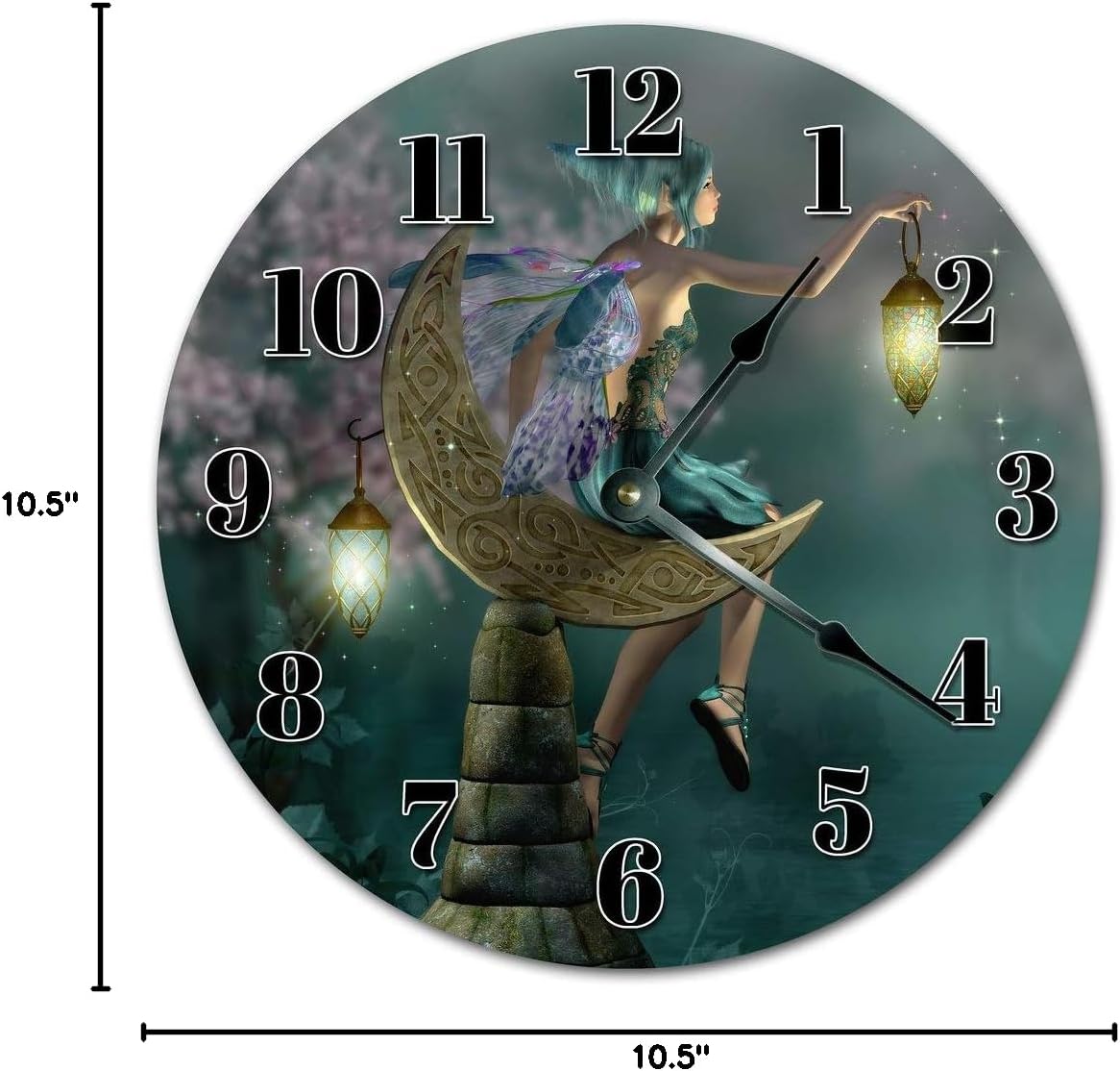 10.5" Fairy Holding LAMP ON A Crescent Steel Clock - Large 10.5" Wall Clock - Home Décor Clock