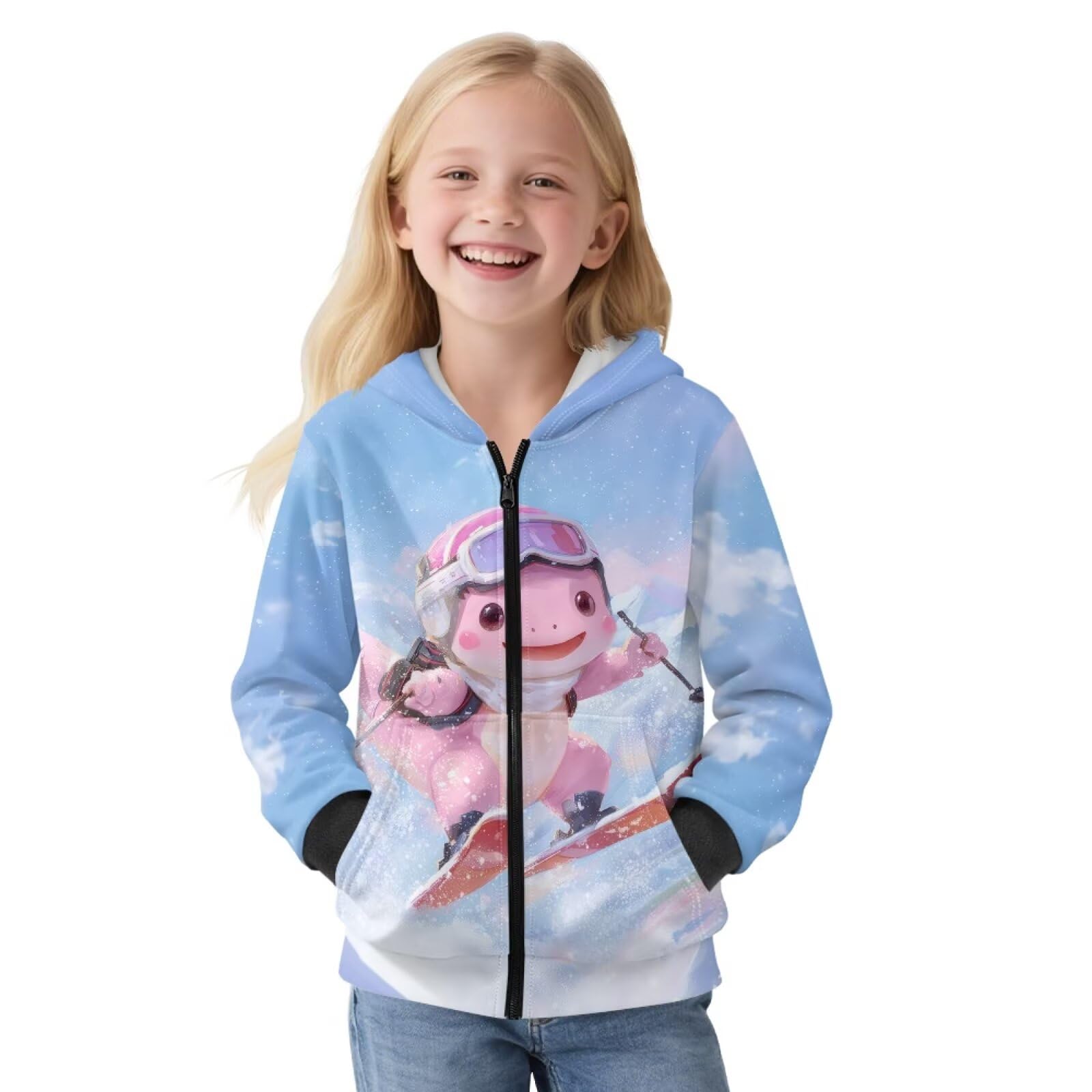 Niebieski śnieg różowy Axolotl nadruk graficzne bluzy z kapturem dla dzieci zamek błyskawiczny przednia bluza jesienno-zimowa kurtka z kieszeniami polarowa podszewka bluza z kapturem dla