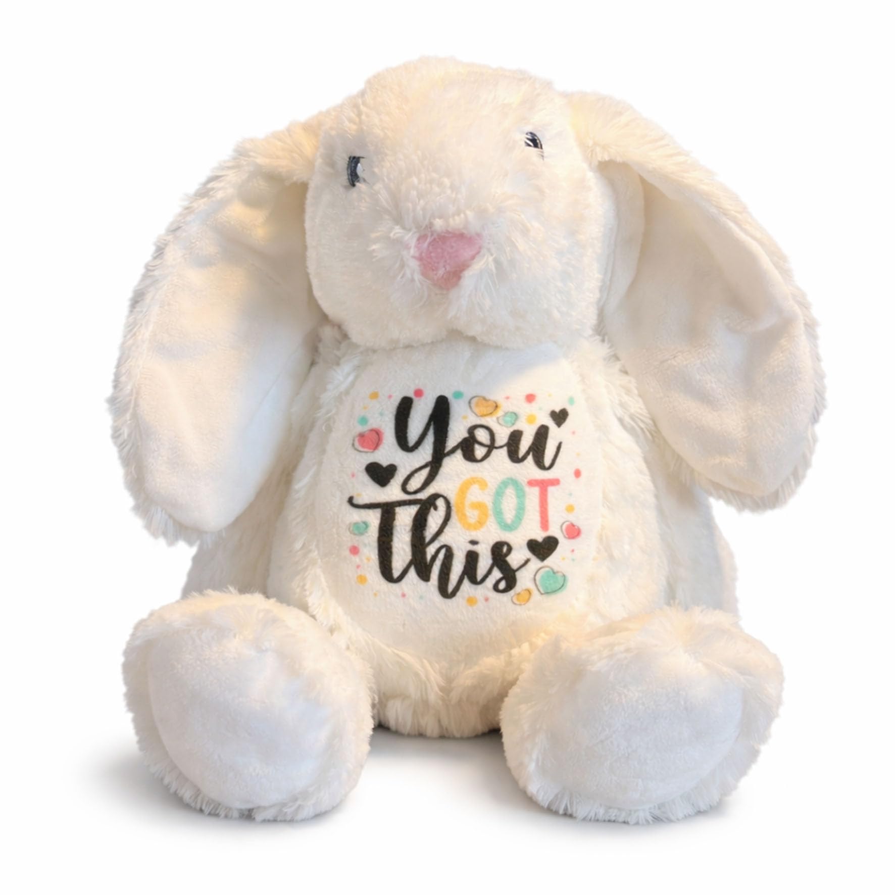 Silly Dog Designs -You Got This Bunny Plush - Personalised or Standard Soft Toy - Comfort Teddy Gift for Kids, Teens - Exams, Get Well Soon (Pink, Brown, White) (White Standard)