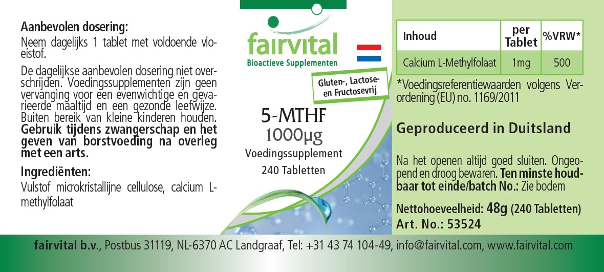 Fairvital | 5-MTHF - 240 tabletek - 1mg na tabletkę - bioaktywny kwas foliowy - płodność i ciąża - sprawdzona jakość i wysoka dawka - 100% wegańskie - wyprodukowano w Niemczech