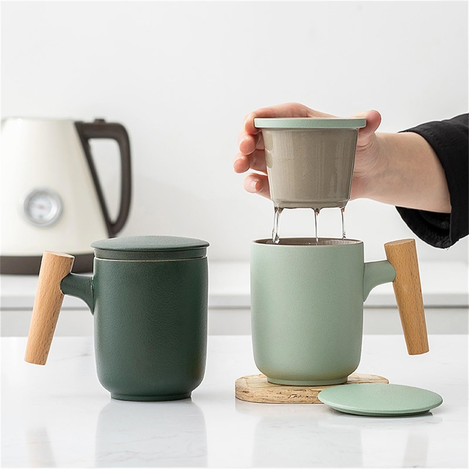 Tasse à thé en céramique 350 ML avec Couvercle et Filtre, Grande capacité, avec poignée en Bois, infuseur à café et thé