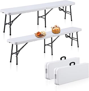 BOOSDEN 2 Pack 6 Foot Portable Folding Bench, Foldable Bench Seating with Handle, Fold-in-Half Fold up Bench Seat, Plastic Benches for Outside, Garden, Picnic, Soccer Events, Camping, Wedding Dining