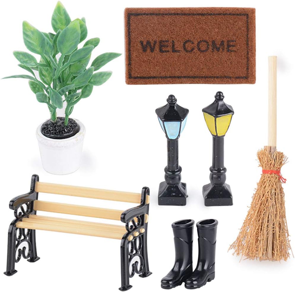 7 Pieces Miniature Garden Accessories Ornaments Bench + Street Light + Rain boots + Potted + Carpet + Broom DIY Miniature Fairy House Garden Tools