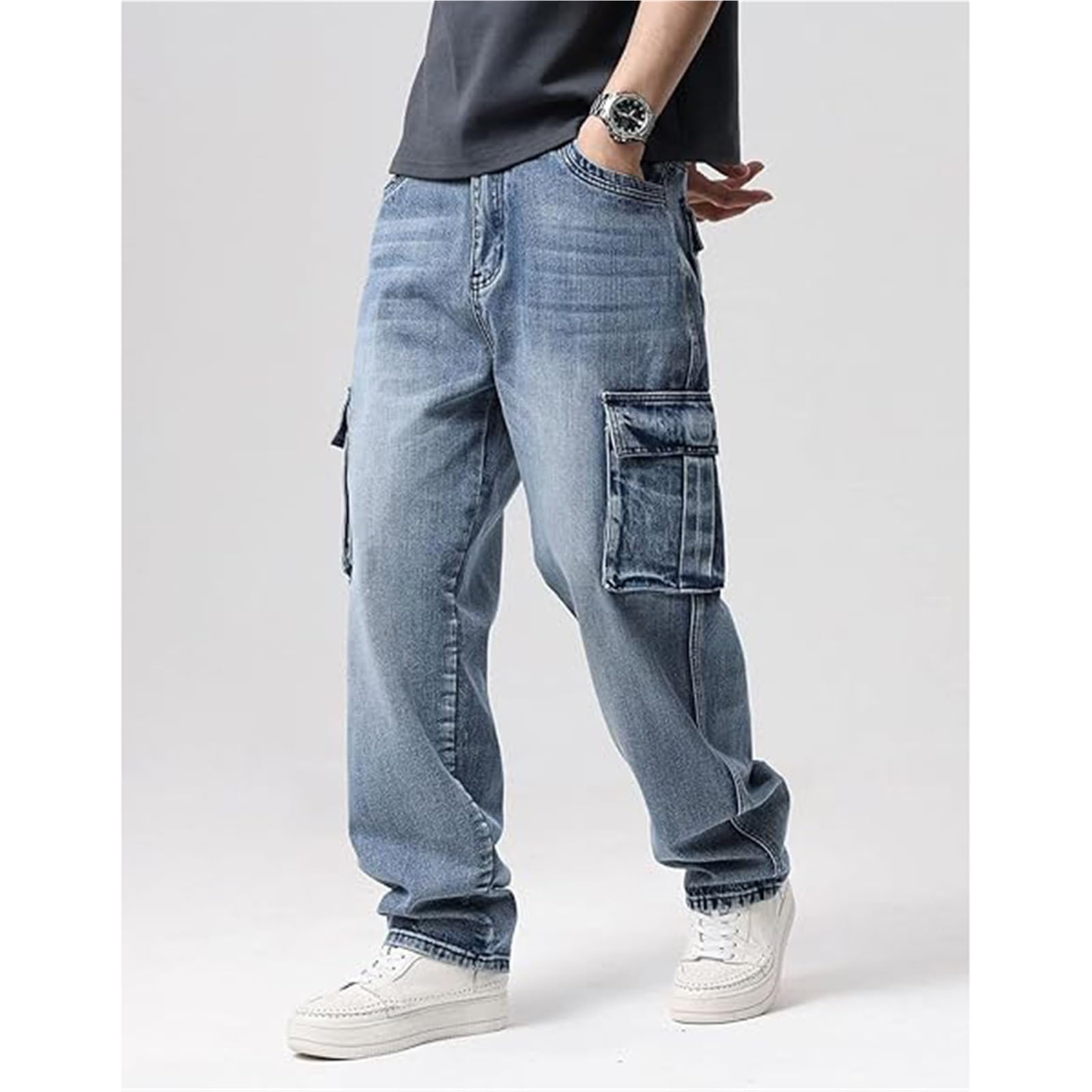 Pantalones Vaqueros Cargo para Hombre, de Corte Recto, para Correr, de Talle Alto, con Múltiples Bolsillos, Talla Grande