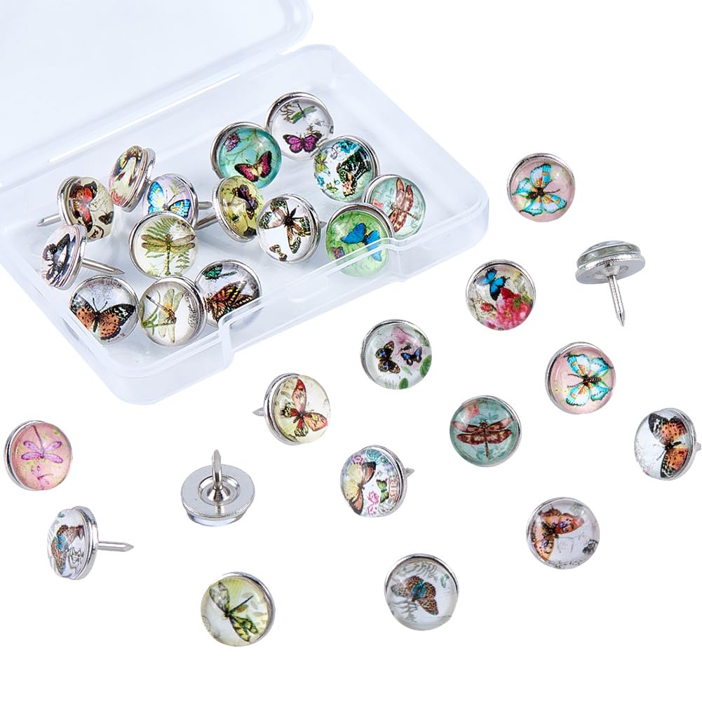 SUNNYCLUE 1 Box 30Pcs Butterfly Push Pins Cute Animal Thumb Tacks Random Spring Dragonfly Glass Cabochons Flatback Decorative Pushpins for Corkboards Bulletin Board Decoration Photo Walls Accessories